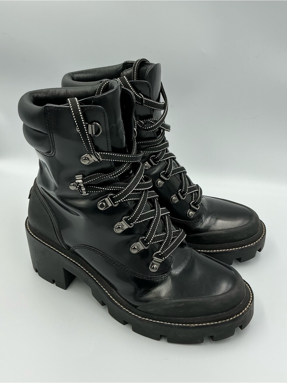 Tory Burch Black Leather Lug-Heel Hiker Combat Boots